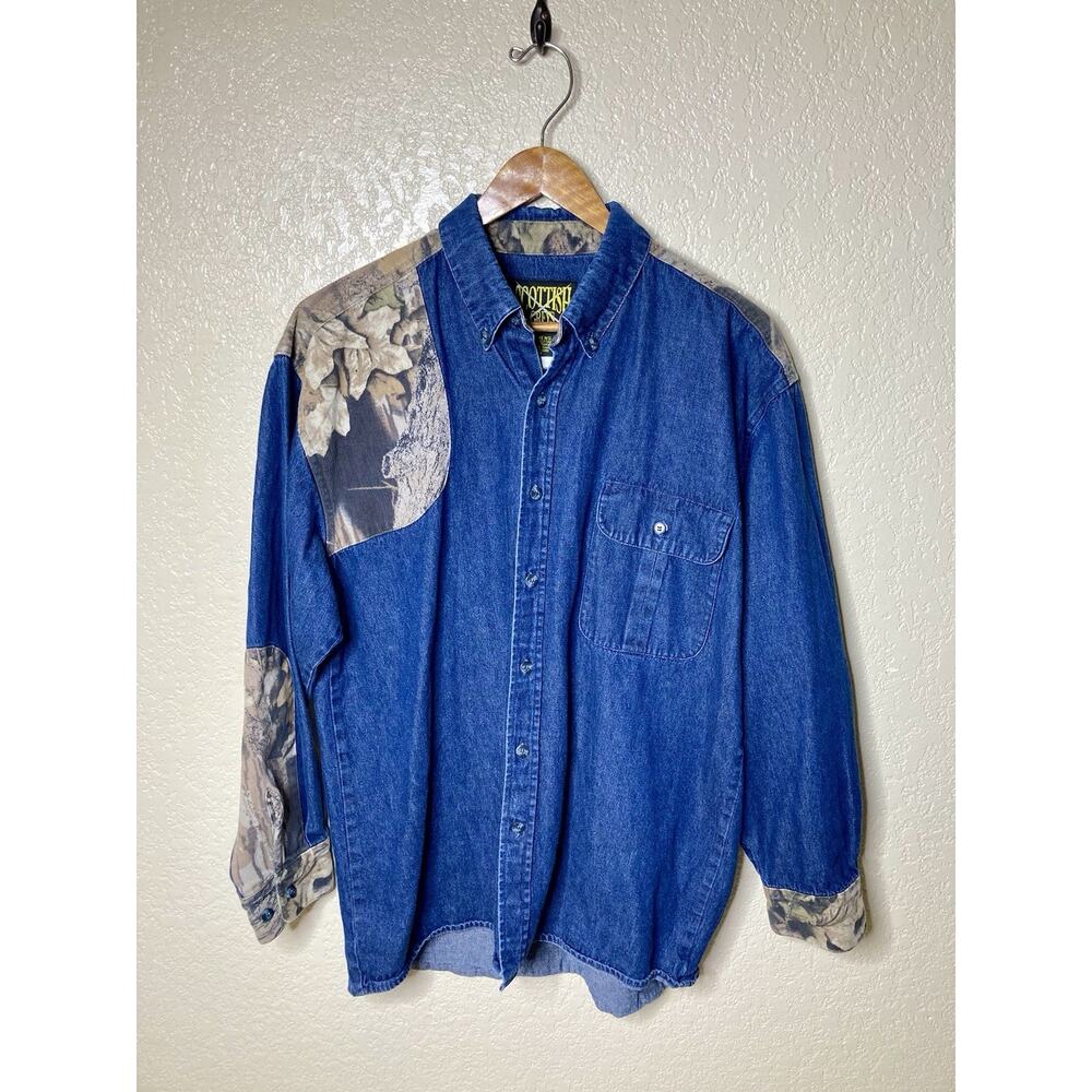 Vintage Scottish Greys Denim & Camo Shirt Mens Large Outdoors Hunting Western